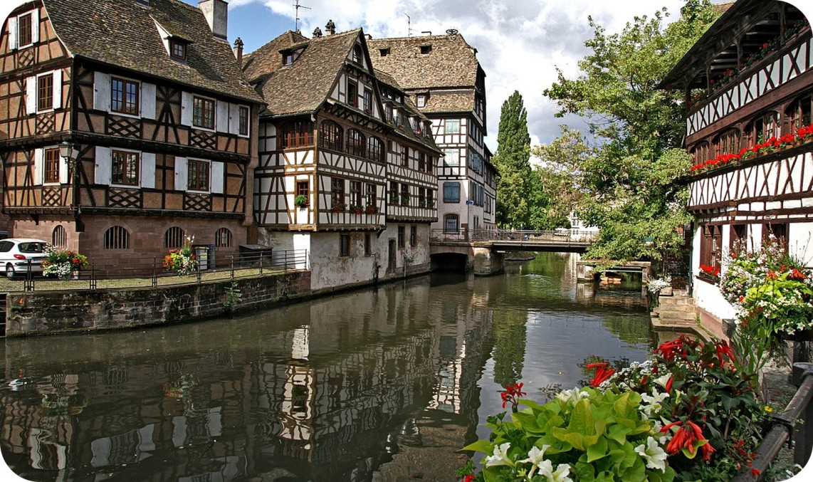 Scenic canal view of Petite France in Strasbourg